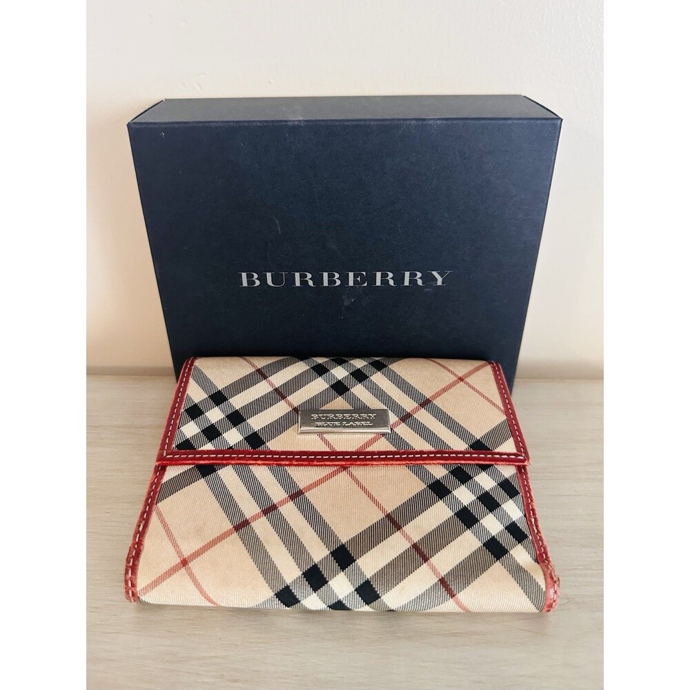Burberry Blue Label Nova Check Beige Red Trim Leather Bifold Wallet Authentic